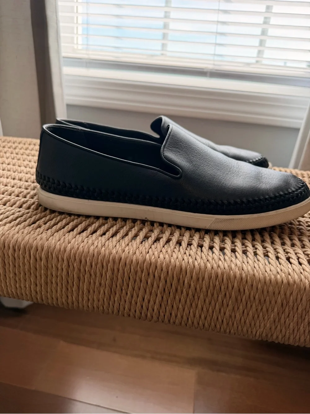 Vince Black Leather Slip-On Loafers with Whipstitch Detail